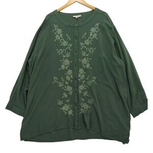 Woman Within Olive Green Embroidered Button Front Tunic Top 3X Plus Size Rayon